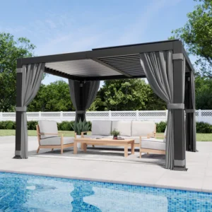 12 ft. W x 10 ft. D Aluminum Pergola with Adjustable Louvered Roof Waterproof Curtains and Nets