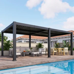 12' x 20' Outdoor Pergola with Adjustable Louvers & Hidden Drainage, Heavy-Duty Metal Louvered Pergola for Backyard, Poolside