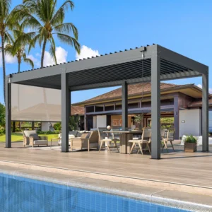 20 x 12 Ft Louvered Pergola with Pull-Down Screens, Aluminum Outdoor Gazebo with Adjustable Waterproof Roof for Patio